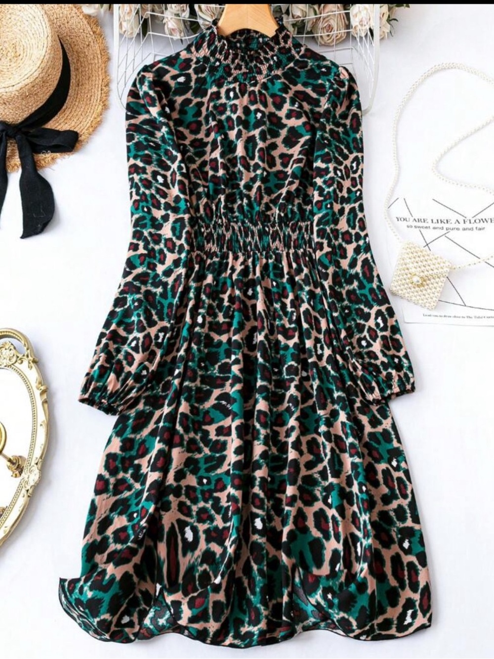 SHEIN Teal Black Tan Leopard-Print Midi Dress